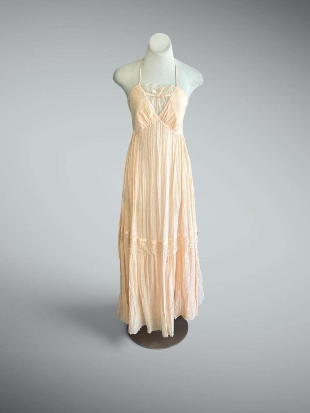 Vintage 70s Bohemian Peach Gauze Festival Halter Maxi Dress Union Made Fairycore